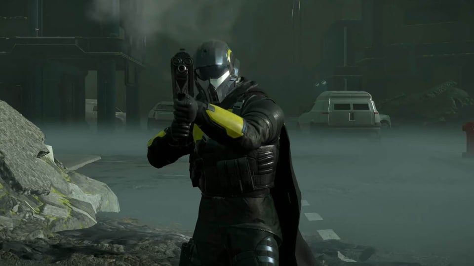 A Helldiver aiming a gun at the screen in Helldivers 2