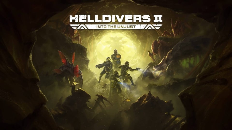 Artwork for the Helldivers 2 Into the Unjust update, which shows four Helldivers in a Terminid Hive World