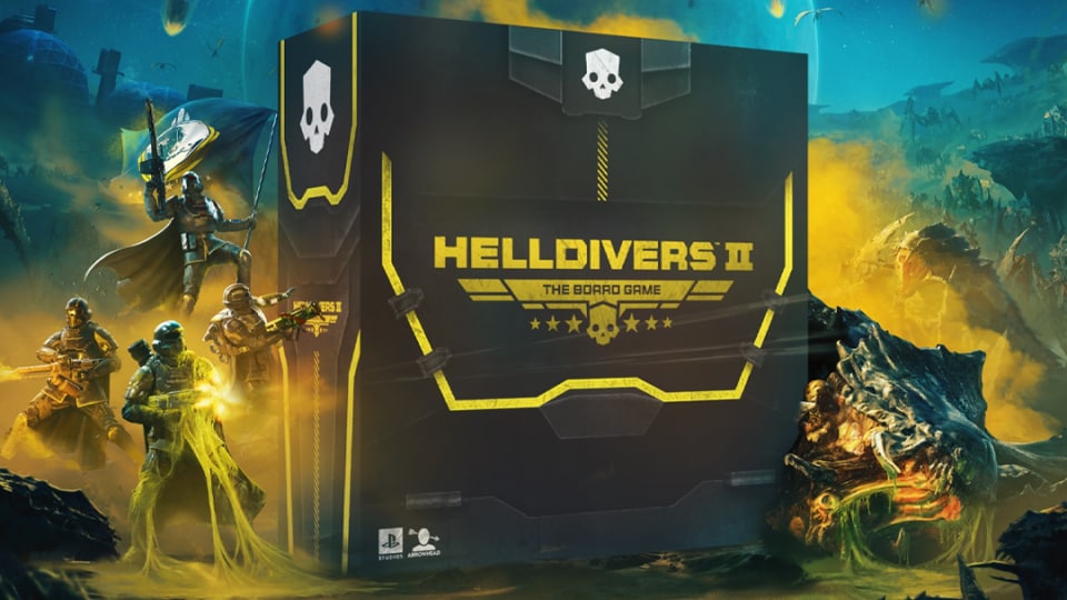 A black box with Helldivers 2: The Board Game written on it in yellow text.