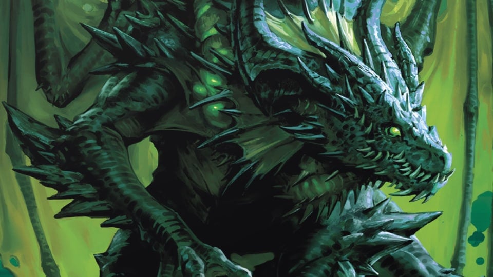 A dragon perched in a dark room drenched in bright greens and dark shadows.