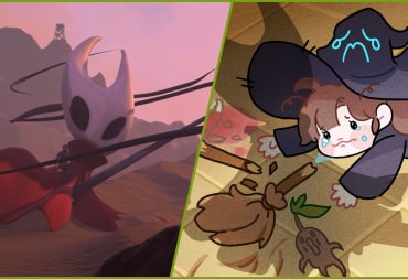 Nate climbing a Hollow Knight: Silksong Hornet replica in Baby Steps next to Little Witch in the Woods' main character crying beneath a silhouette of Hornet