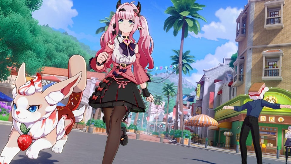 A pink-haired anime girl and her creature walking with a man with a cake for a head behind them in Honkai: Nexus Anima