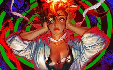 Justine clutching her head in key art serving as a main image for the Hotel Barcelona review