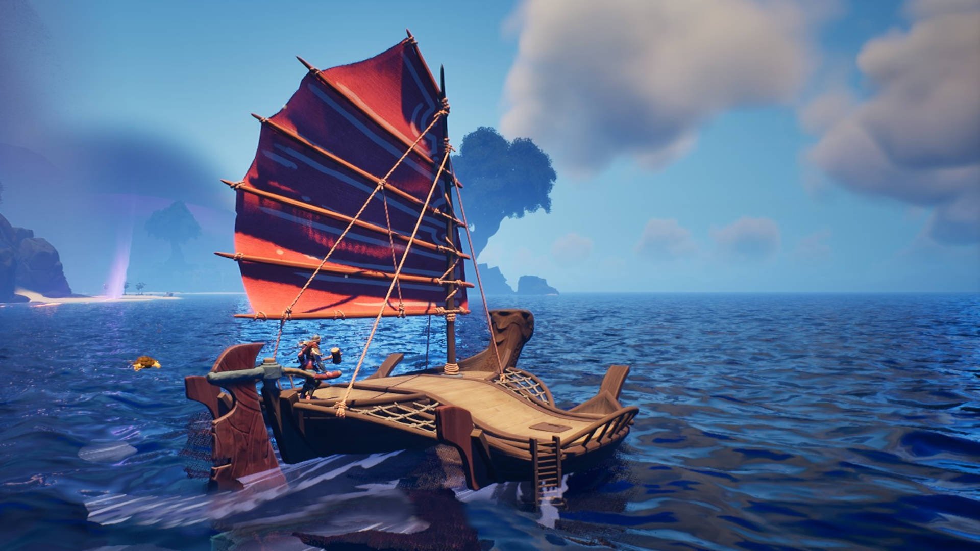 Piloting the Carved Trimaran Boat on the Ocean in Voyagers of Nera