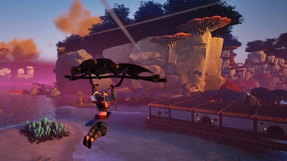 Flying Toward a Large House on a Beach with a Glider in Voyagers of Nera