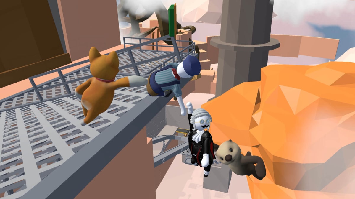 Characters hanging from each other's arms on a precarious platform in the Xbox Game Pass hit Human: Fall Flat