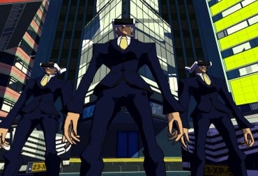 Three characters in suits and strange headsets in Bomb Rush Cyberfunk successor Hyperfunk