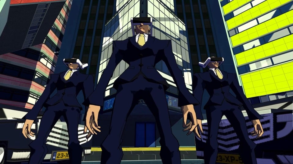 Three characters in suits and strange headsets in Bomb Rush Cyberfunk successor Hyperfunk