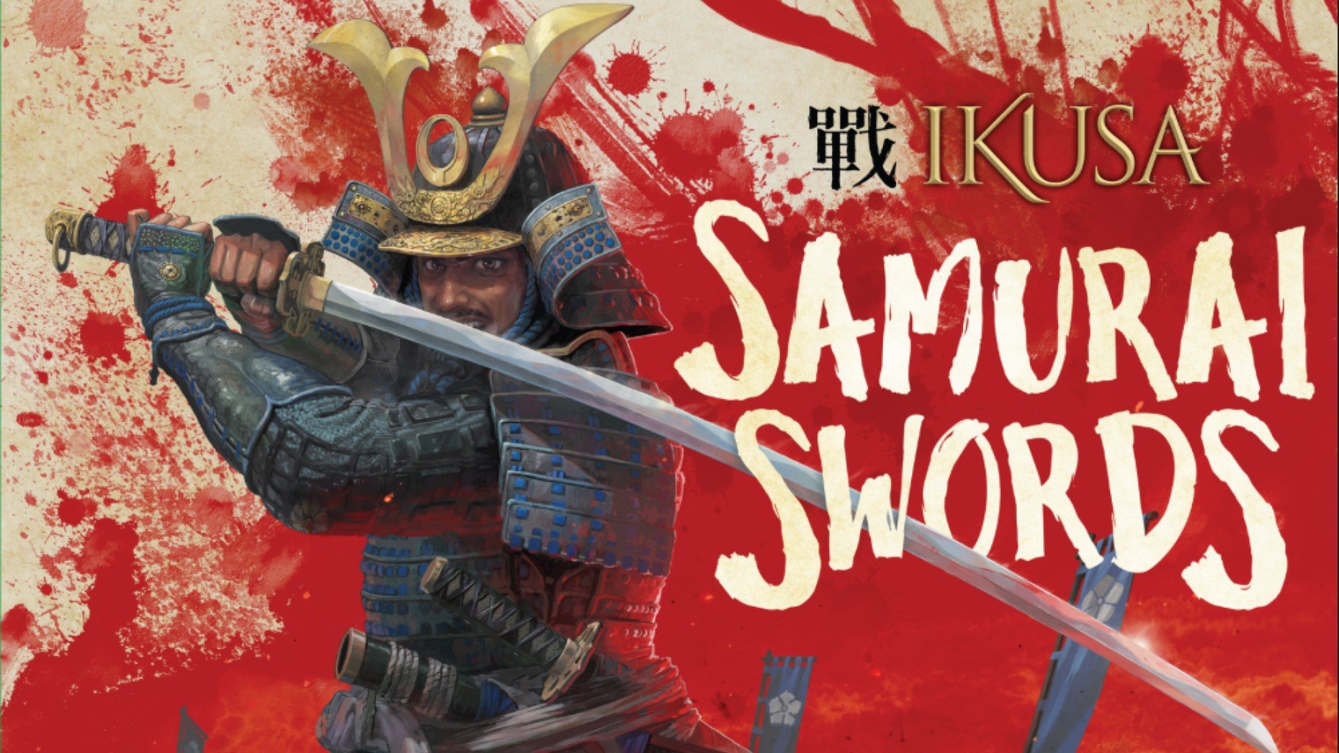 A promo image of a man in samurai armor wielding a katana on a splashy blood-red background.