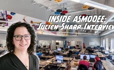 Inside Asmodee header image featuring an image of the Asmodee offices and a headshot of Julien Sharp, US General Manager of Asmodee Group.