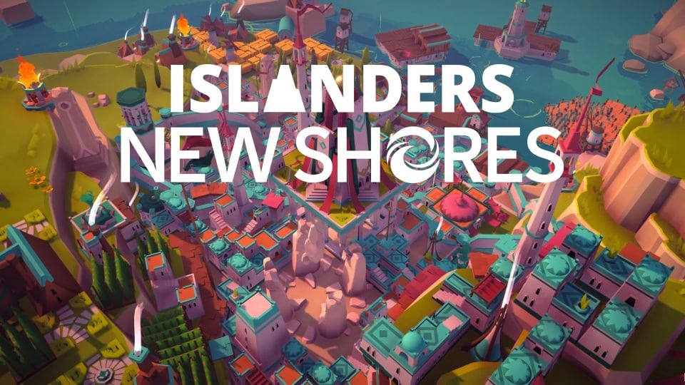 A spread-shot cover of Islanders: New Shores, showcasing a busy and snug city with facilities in the nearby sea, and the games logo in front.