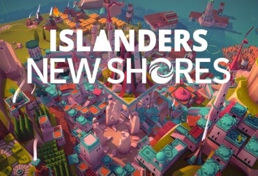 A spread-shot cover of Islanders: New Shores, showcasing a busy and snug city with facilities in the nearby sea, and the games logo in front.