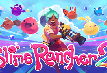 Title of game in decorative, multicolored font. Behind it, the main character, Beatrix LeBeau dashes towards viewer. Around her, are the slimes featured in game.
