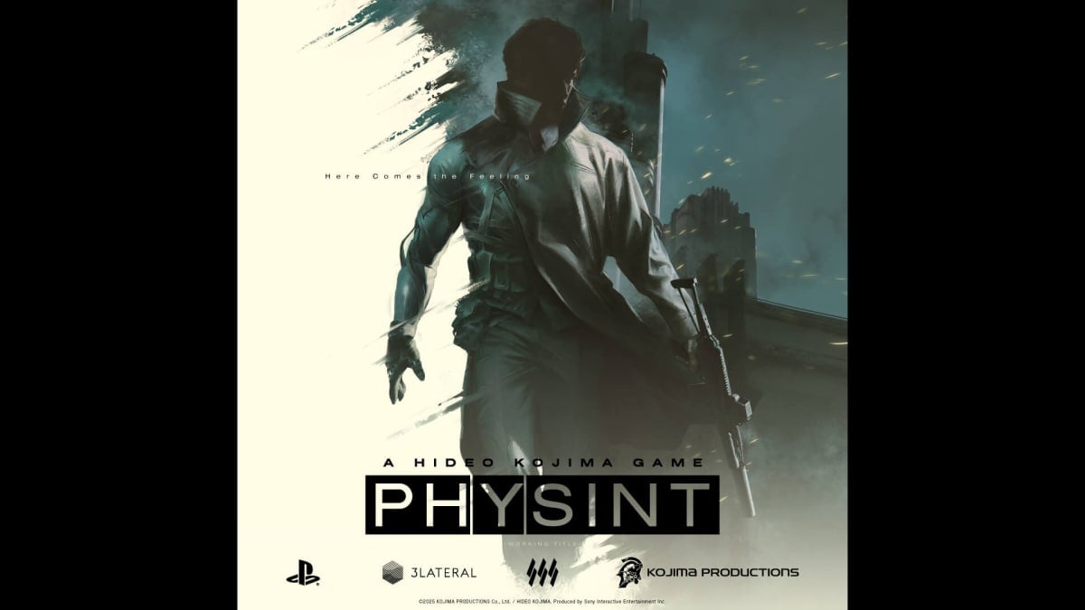 The new poster for Kojima Productions' Physint, which shows a character holding a gun and the game's logo