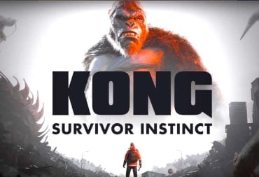 A spread-shot cover of Kong: Survivor Instinct, showcasing the titular King Kong behind a logo, while the games protagonist, David, looks up towards him.