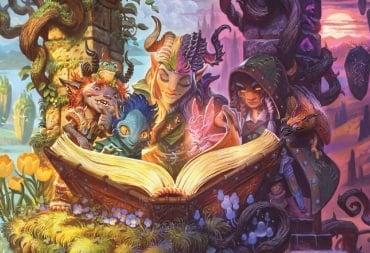 A group of horned fey bundled around an open book, they are surrounded by overgrown fields and floating rocks.