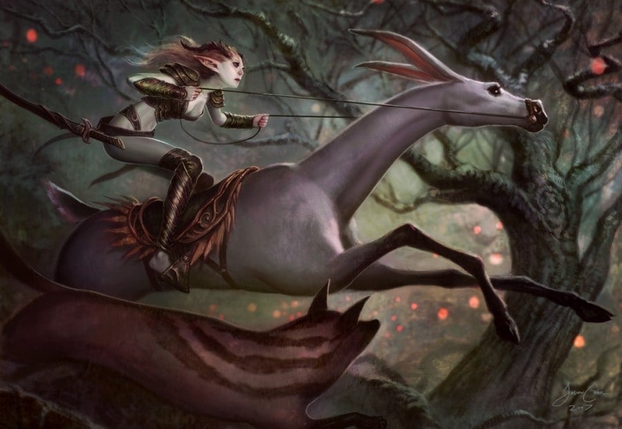 A pale-skinned elf riding a slender, deer-like mount through a verdant forest.