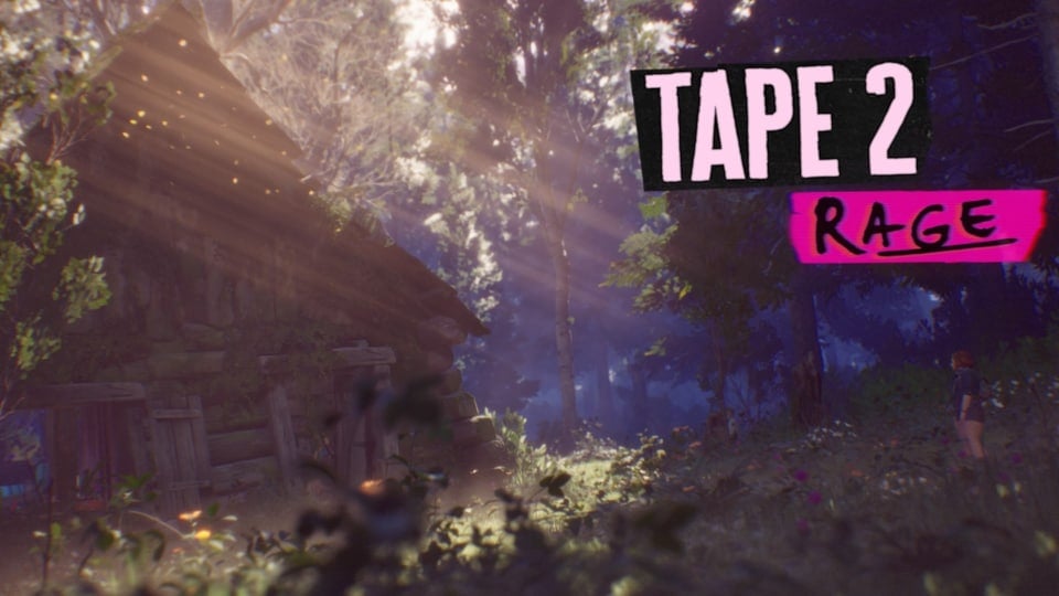 A cabin in the middle of the woods. The words "Tape 2: Rage" is in the corner in stylized white and purple text
