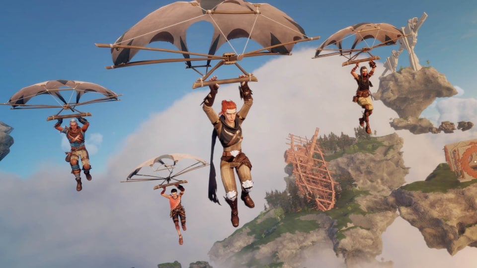 Four characters gliding through the air in Lost Skies