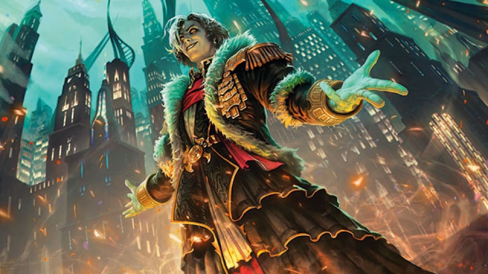 Artwork of a man in a gold and black coat standing in front of a modern-looking city.