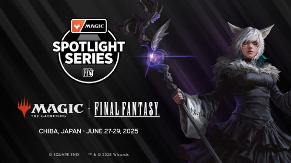 A cat girl with silver hair wielding a glowing purple staff on a black background. There is text on the left that reads, "Magic Spotlight Series, Magic: The Gathering Final Fantasy, Chiba, Japan, June 27-28 2025"