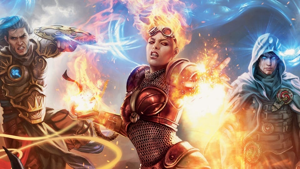 A man in armor wielding a sword, a woman with flaming hair with a fireball in her hand, and a man in a blue hooded cloak with glowing blue eyes.