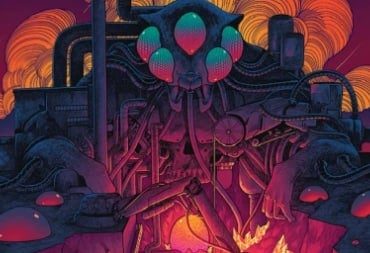 A dark orange and purple portrait of an insectoid mining device plunging into an open crack in the earth.