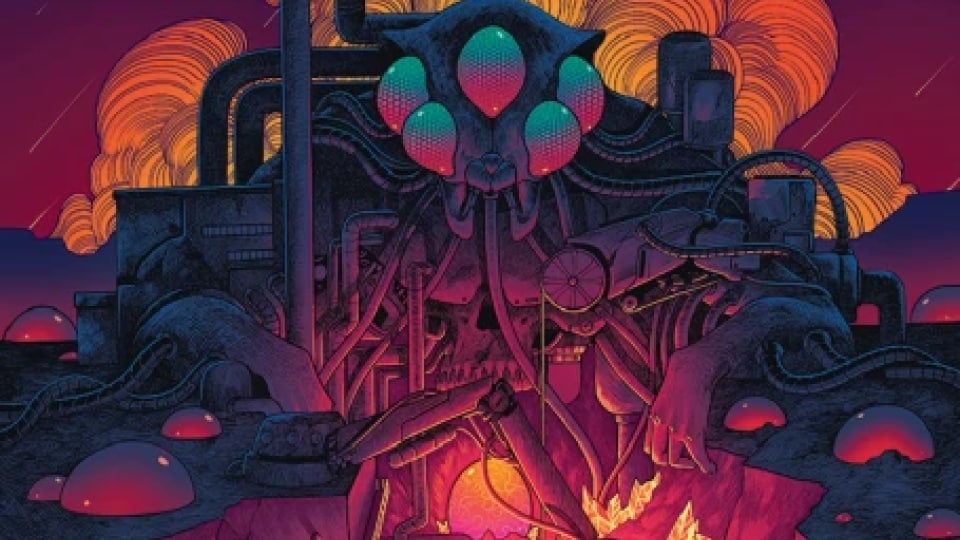 A dark orange and purple portrait of an insectoid mining device plunging into an open crack in the earth.