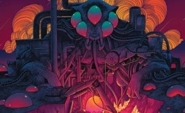 A dark orange and purple portrait of an insectoid mining device plunging into an open crack in the earth.