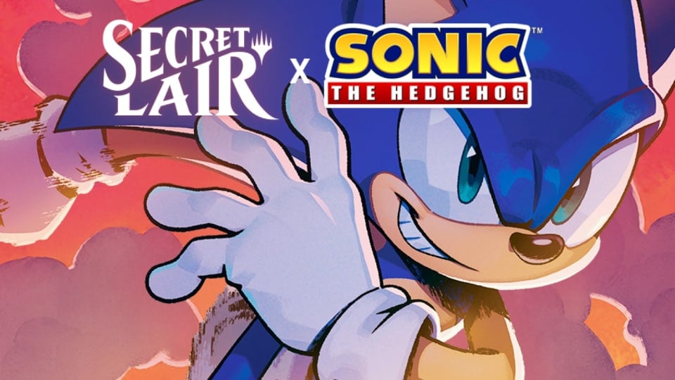 Sonic The Hedgehog running through a pink-red background. The Secret Lair logo is visible above.