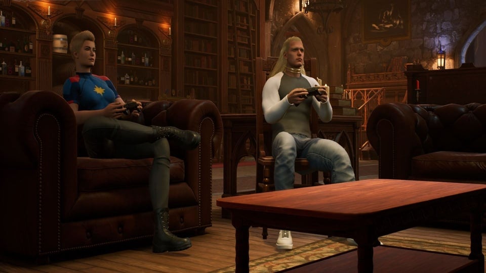 Carol Danvers and Hunter playing video games 