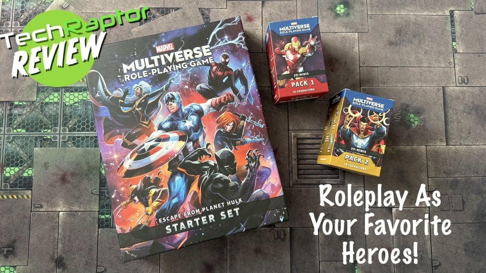 An image from the Marvel Multiverse RPG review featuring the box and additional 2d Mini