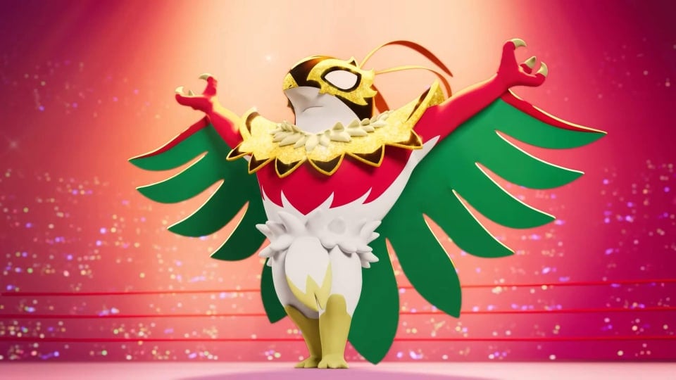 Mega Hawlucha posing with its wings outstretched