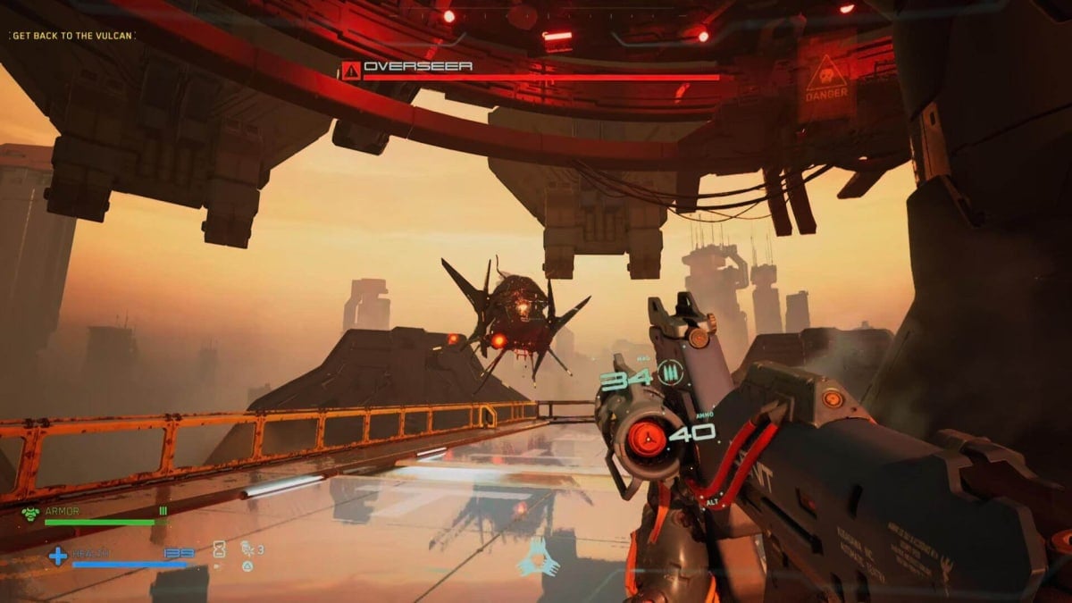 The player firing at the Overseer boss in Metal Eden