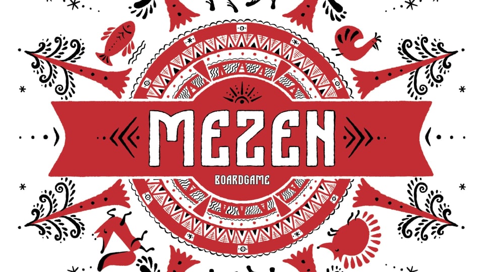 A stylized red and white logo for the Mezen board game.