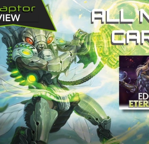 An image from our MTG Edge of Eternities Preview featuring card art of a bug man and text saying All New Cards!