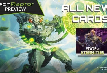 An image from our MTG Edge of Eternities Preview featuring card art of a bug man and text saying All New Cards!