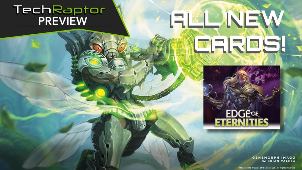 An image from our MTG Edge of Eternities Preview featuring card art of a bug man and text saying All New Cards!
