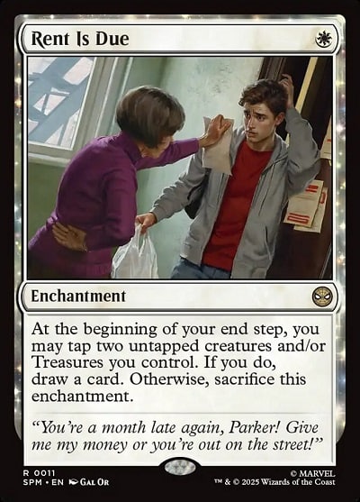 Rent is Due Magic: The Gathering card with Peter Parker looking alarmed as his landlord waves a bill in his face.