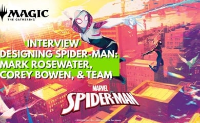 Ghost-Spider swinging in the middle of the frame with Miles Morales in the background.