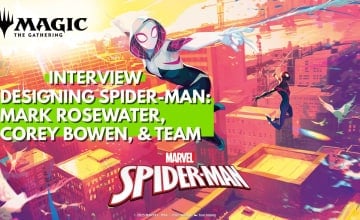 Ghost-Spider swinging in the middle of the frame with Miles Morales in the background.