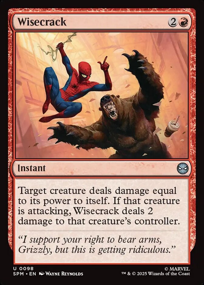 Wisecrack Magic: The Gathering card with Spider-Man fighting Grizzly, swinging above him.