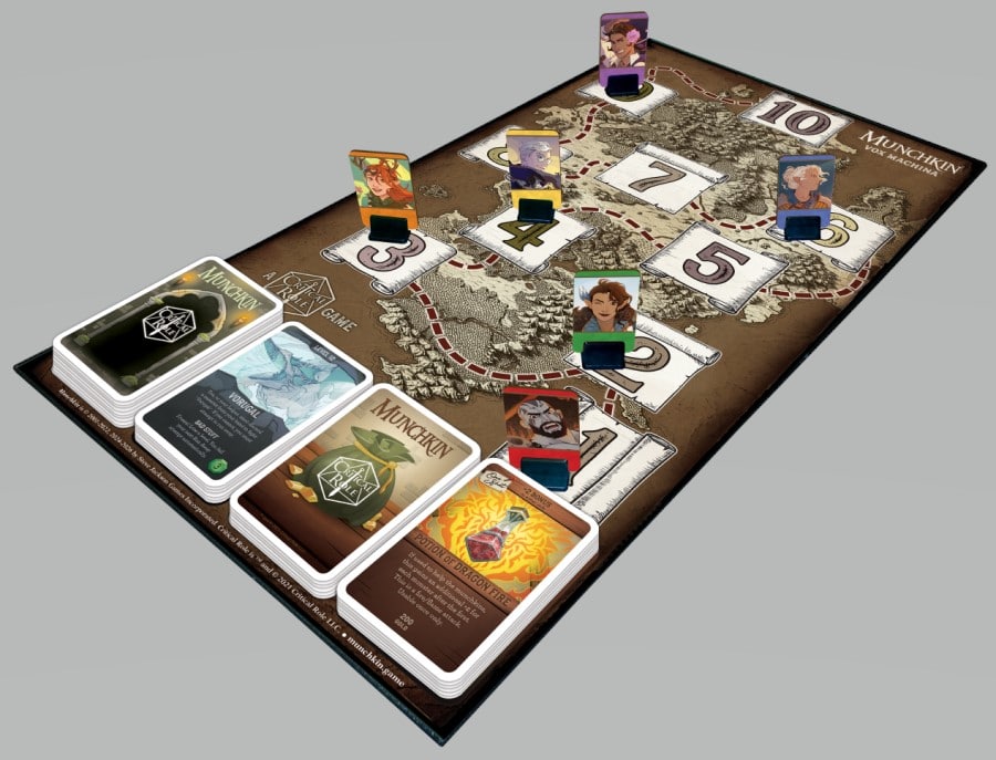 A game board showing several standies, several decks of cards, and a trail through a map labeled 1-10.