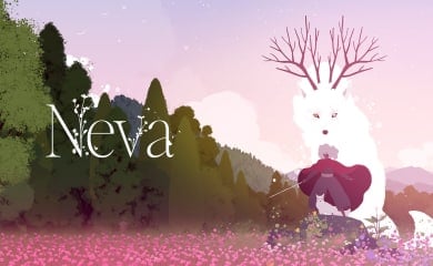 A promotional screenshot of the game Neva. It shows a woman in a violet cloak standing in front of a white horned wolf in a field of pink flowers. A verdant green mountain range is visible in the distance.