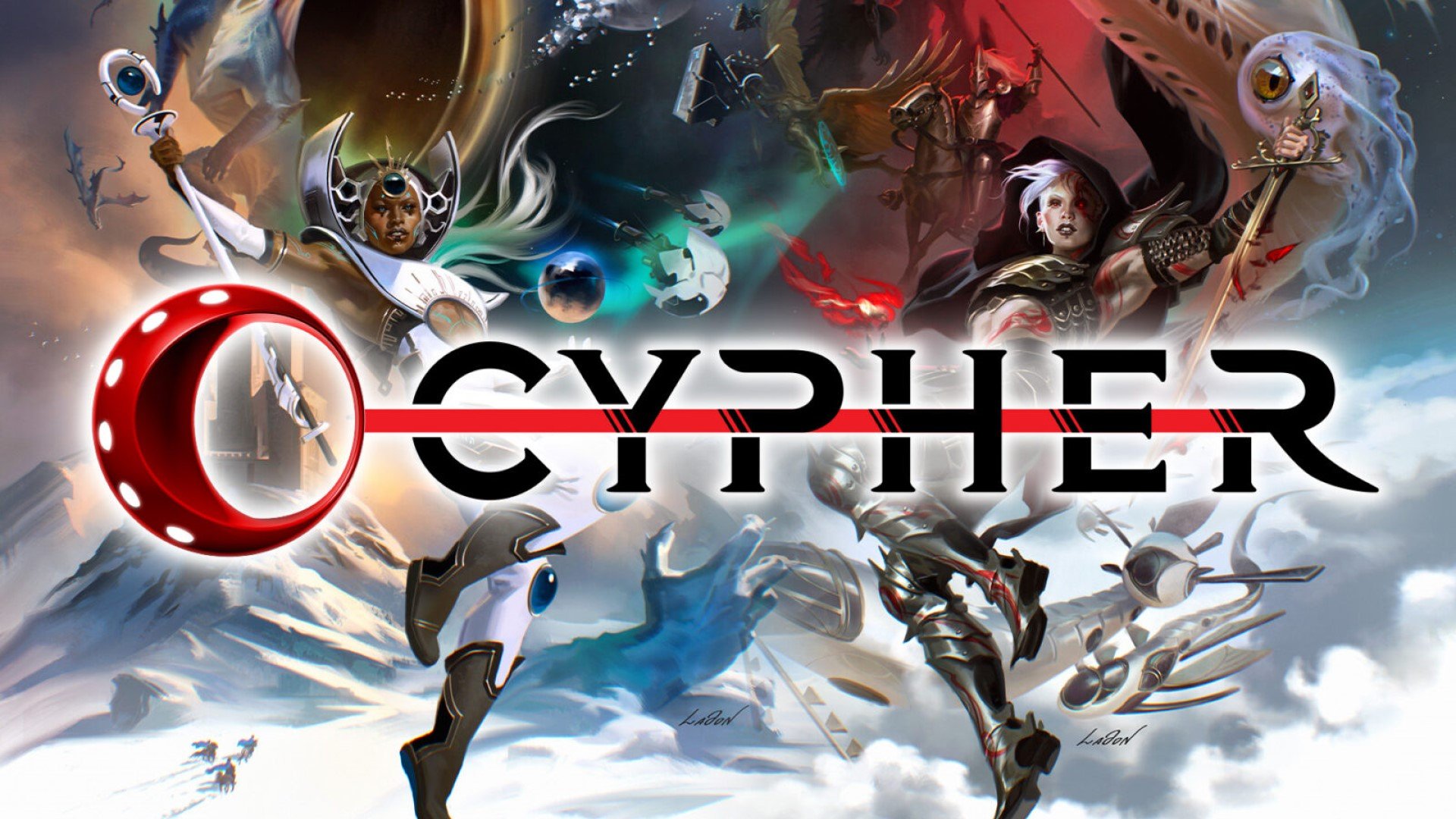 A splash page of two spellcasters standing in front of spaceships, pegusai, and dead giants. The title "Cypher" is in the center in iron letters.