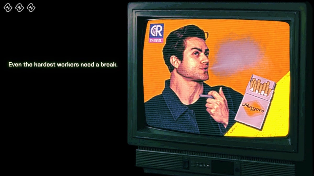 An in-game screenshot of No, I'm Not a Human, showcasing a TV advert for cigarettes, being smoked by a large-necked man.