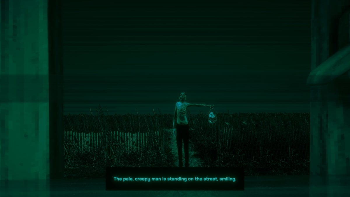 An in-game screenshot of No, I'm Not a Human, showcasing a large pale man holding the head of a deceased soldier, staring at the player-character from outside.