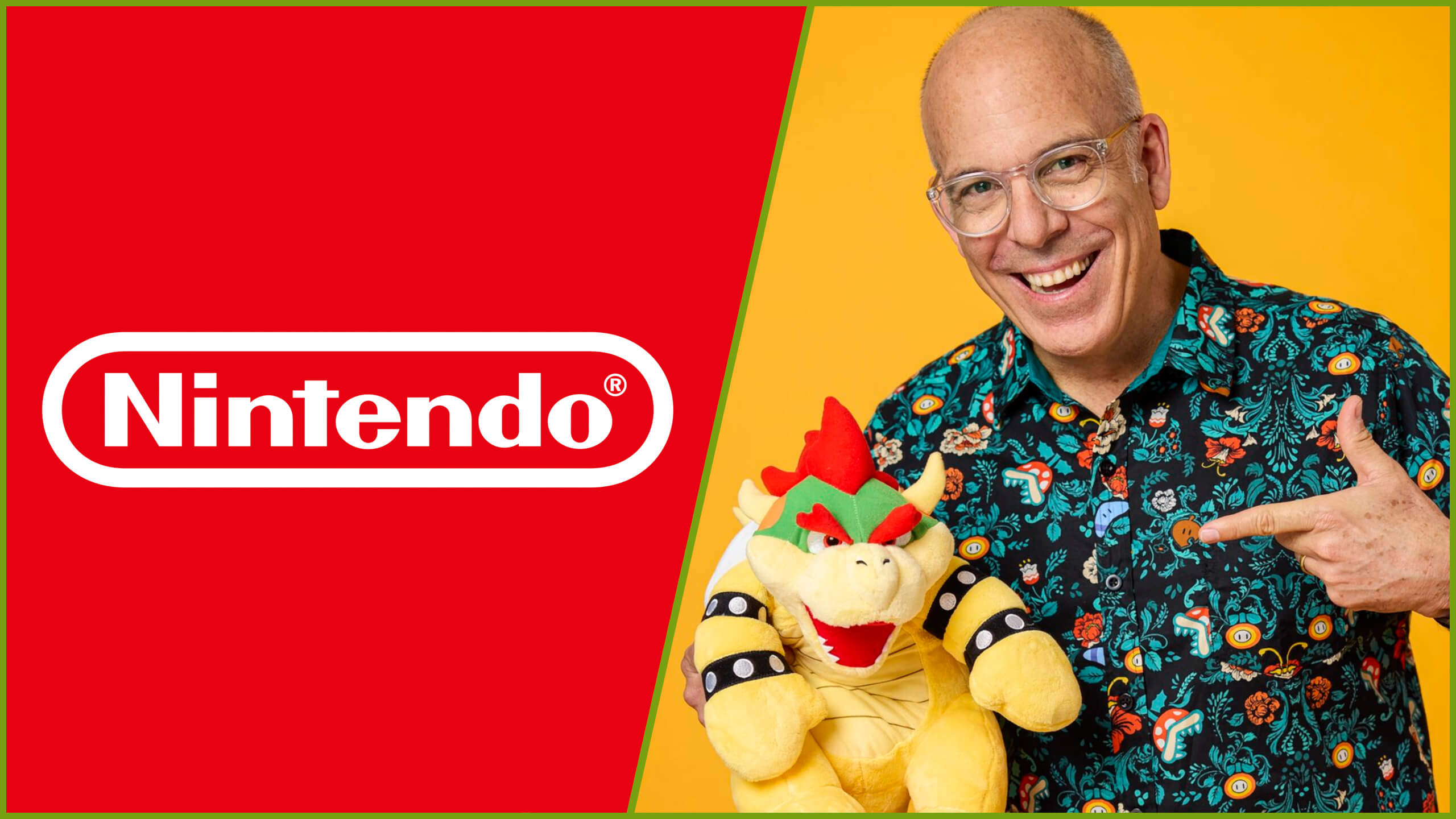The Nintendo logo next to a shot of Doug Bowser pointing to a Bowser plushie