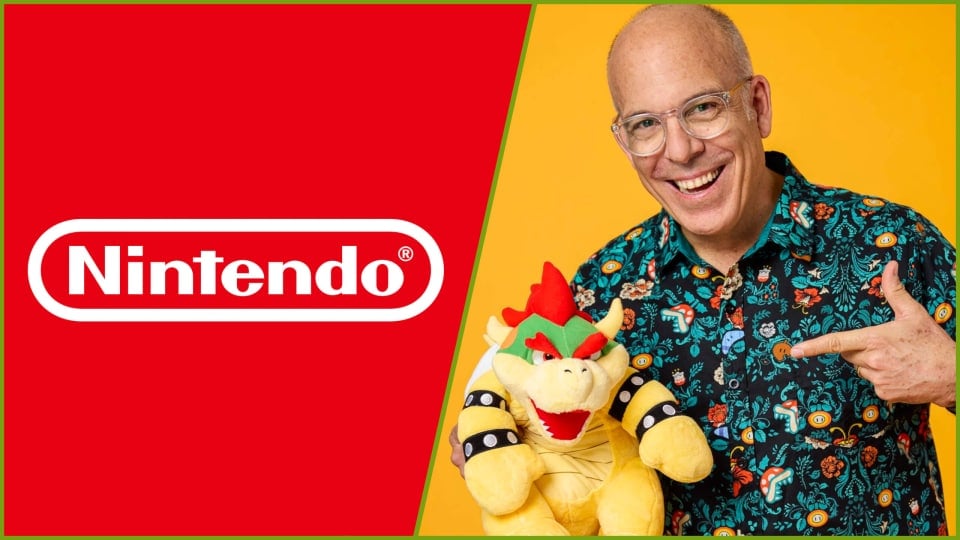 The Nintendo logo next to a shot of Doug Bowser pointing to a Bowser plushie