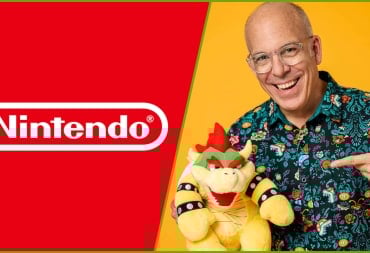 The Nintendo logo next to a shot of Doug Bowser pointing to a Bowser plushie